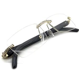 Rimless Sunglasses Men Gold Clear Lens Wood Grain Arm Fashion‎ Eyewear Rap Music
